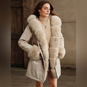 Luxury faux fur lined parka coat beige long winter jacket hood soft warm